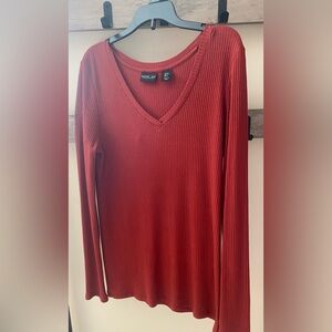 Rachel Zoe Womens Red Long Sleeve V Neck Ribbed Blouse Size Med Casual